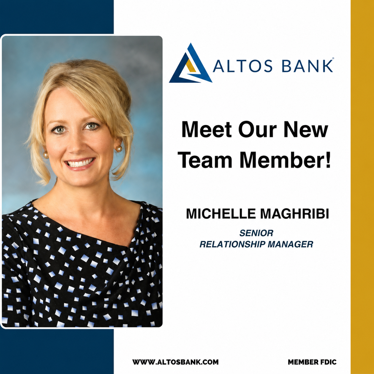 Altos Bank welcomes Michelle Maghribi as Senior Relationship Manager, bringing more than 15 years of commercial banking experience.
